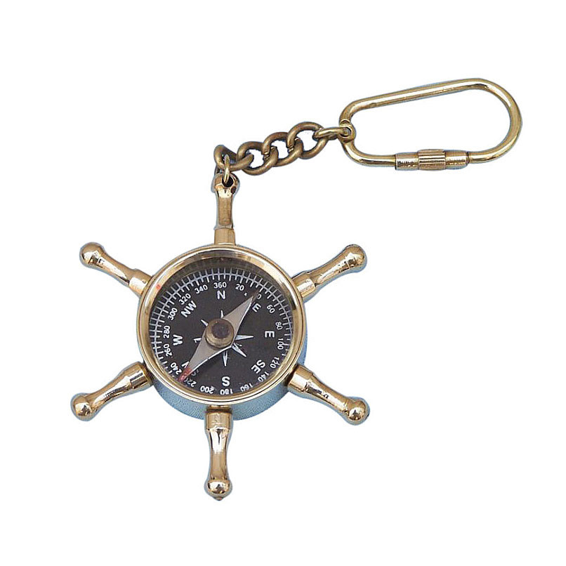 Brass Ship's Wheel Compass Key Chain Main Image
