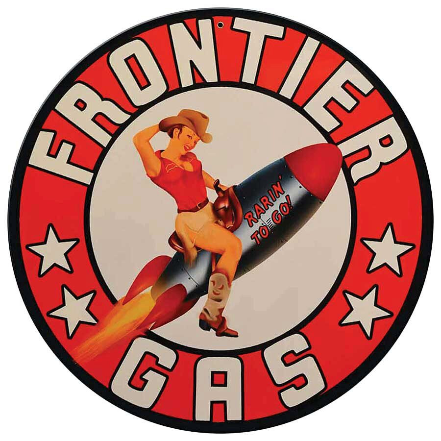 Frontier Gas Rocket Girl Round Metal Sign Main Image