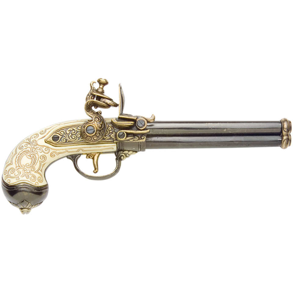 Italian Triple Barrel Flintlock Pistol Replica - Gold Main Image