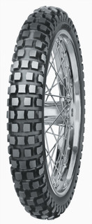 The Mitas 2.75-16  E-06 is an aggressive on / off-road dual sport tire suitable for front or rear application. Deep lug design bodes well to off-road use while maintaining strong handling characteristics on paved surfaces thanks to its rounded profile. Mud and snow rated. Load/Speed rated to 46P