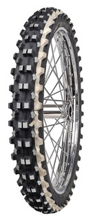 The Mitas 2.50-12 C-19 EAGLE MX Winter Friction is an extreme enduro cross country lightweight tire that excels in wet and icy environments. The white stripes indicate the tread compound designed for snow and ice conditions.