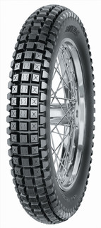 The Mitas 3.00-21 E-05 TRAIL  tire has excellent riding properties on easier terrain and roads as well. E-05 Enduro Trail features a universal tread pattern for the front and rear wheels of classic trail motorcycles..