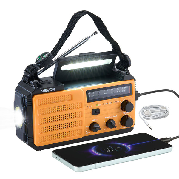 Emergency Weather Radio, 8000mAh Battery, FM/AM/WB/NOAA Alert Solar Hand Crank Emergency Radio, Type-C Charging, USB Cable, SOS Alarm and Flashlight, Portable for Outdoor Emergencies, Camping