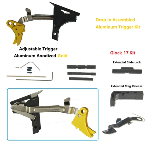 Glock 17 Gen 1-3 Lower Parts Kit With Adjustable Trigger To 3 Lbs Gold Anodized