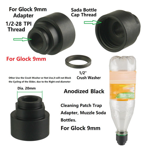 1/2x28 TPI Soda Pop bottle Cleaning Patch Trap Adapter For 9mm Glock Threaded Barrel, 223 and 9mm Black Color