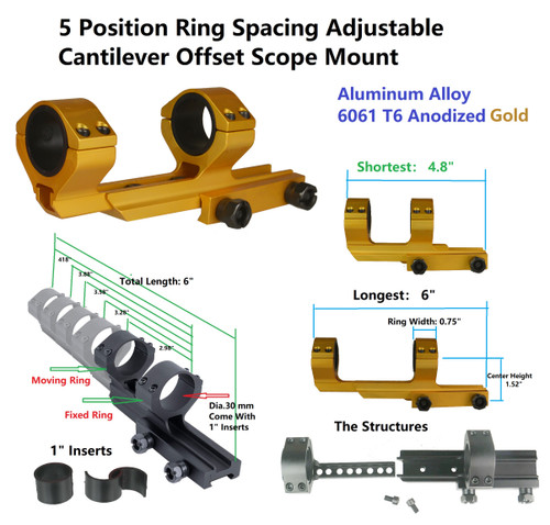 Gold Color Position Spacing Adjustable Offset Cantilever Weaver Scope Mounts 30mm with 1" W Inserts