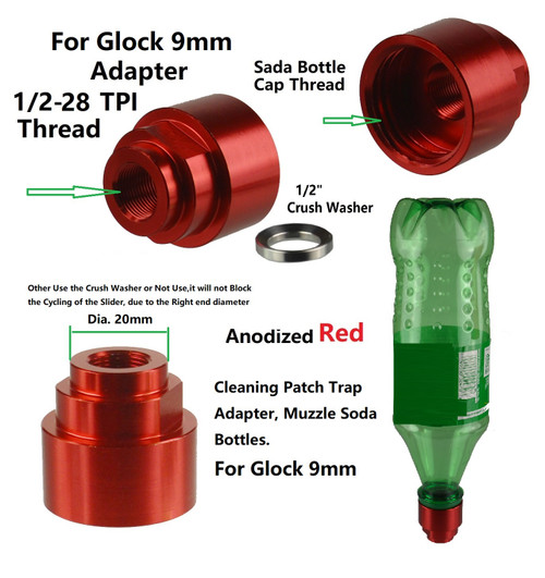 1/2x28 TPI Cleaning Patch Trap Soda Pop bottle Adapter Red Color for 9mm Glock, .22 .223  and 9mm