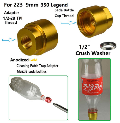 1/2x28 TPI Cleaning Patch Trap Muzzle Soda Pop bottles Adapter For .22 .223 and  9 mm, Gold Anodized Finish