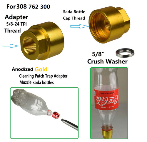 5/8x24 TPI Cleaning Patch Trap Muzzle Soda Pop bottles Adapter For .308 .300 Blackout, Gold Anodized Finish
