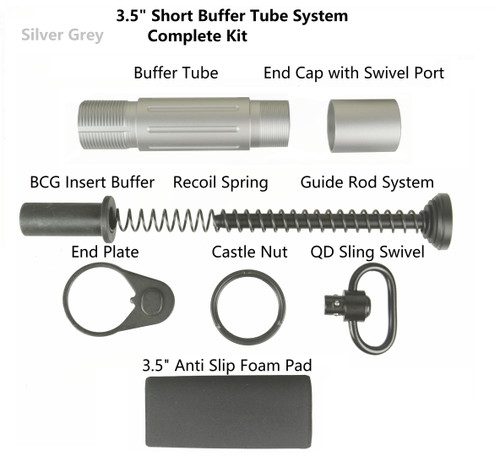 3.5" Short Buffer Tube System QR Sling Adapter Cap, QR Sling Swivel, 3.5" Foam, Color Silver Grey