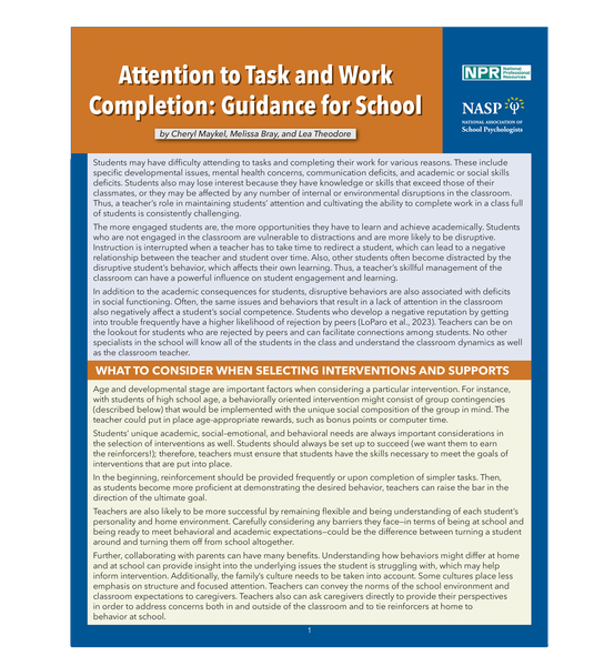 NASP - Attention to Task and Work Completion: Guidance for School