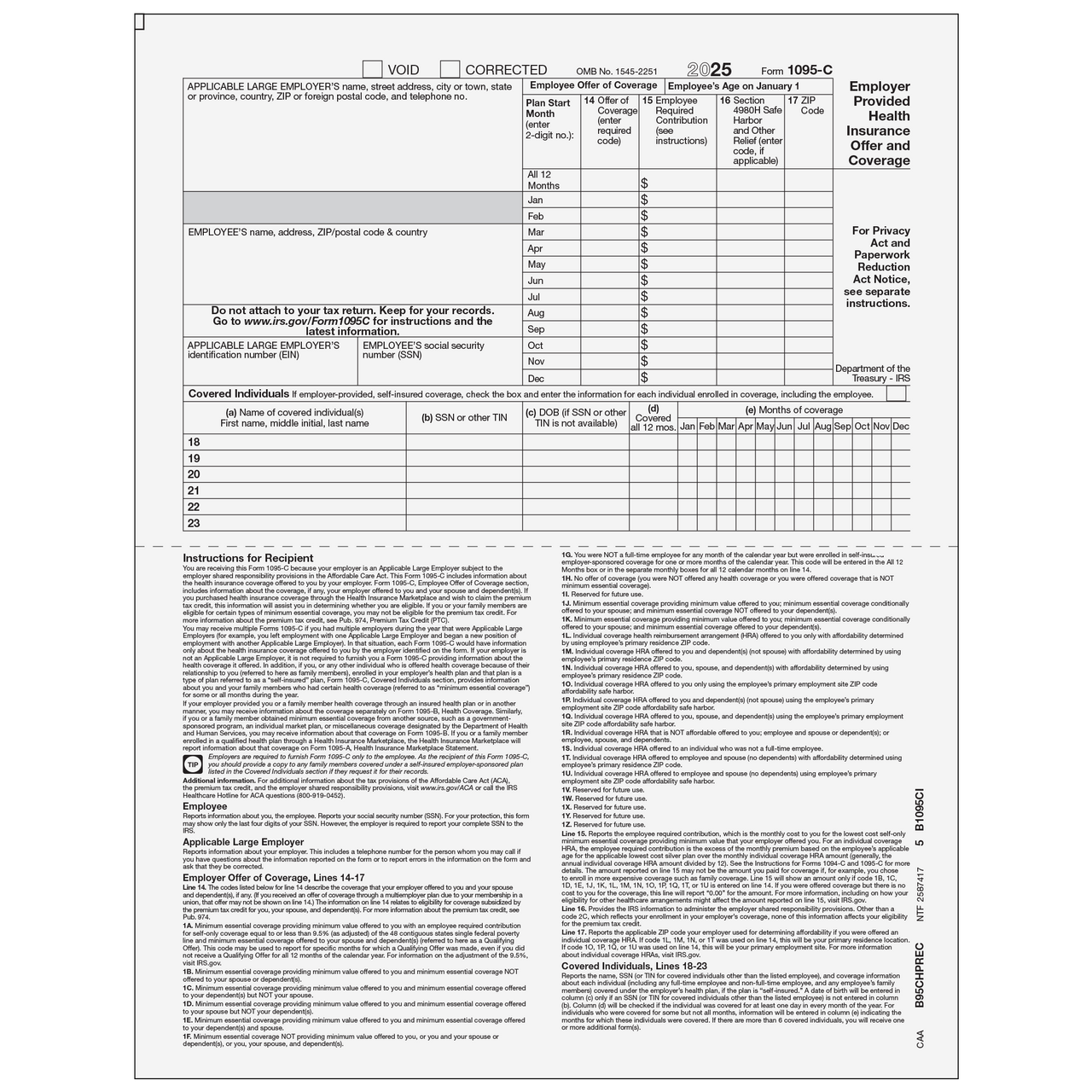 B95CHPREC05 - Form 1095-C - Half Page (Recipient Copy