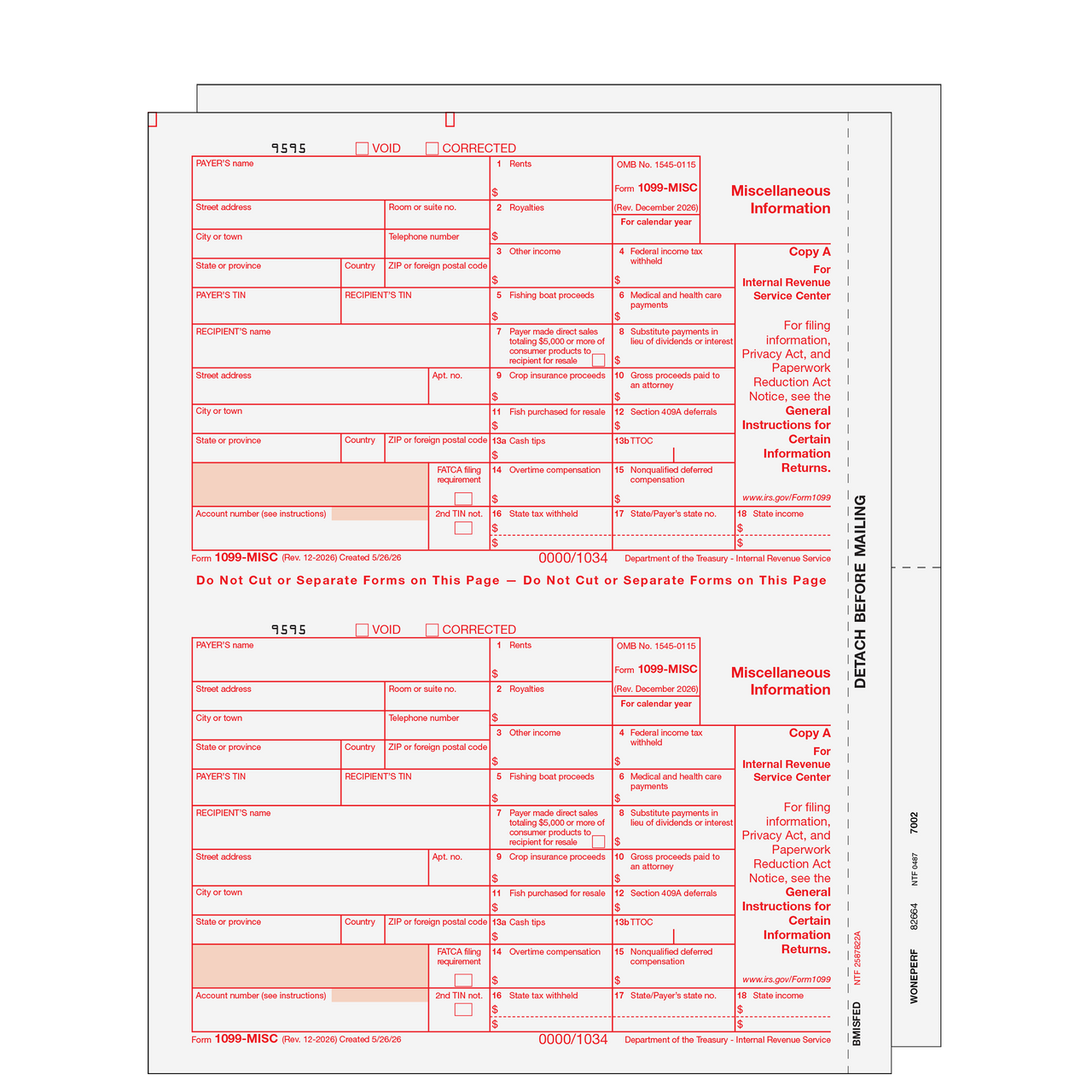 MISCSET305 - 1099-MISC Miscellaneous Information 3-part Set (Blank