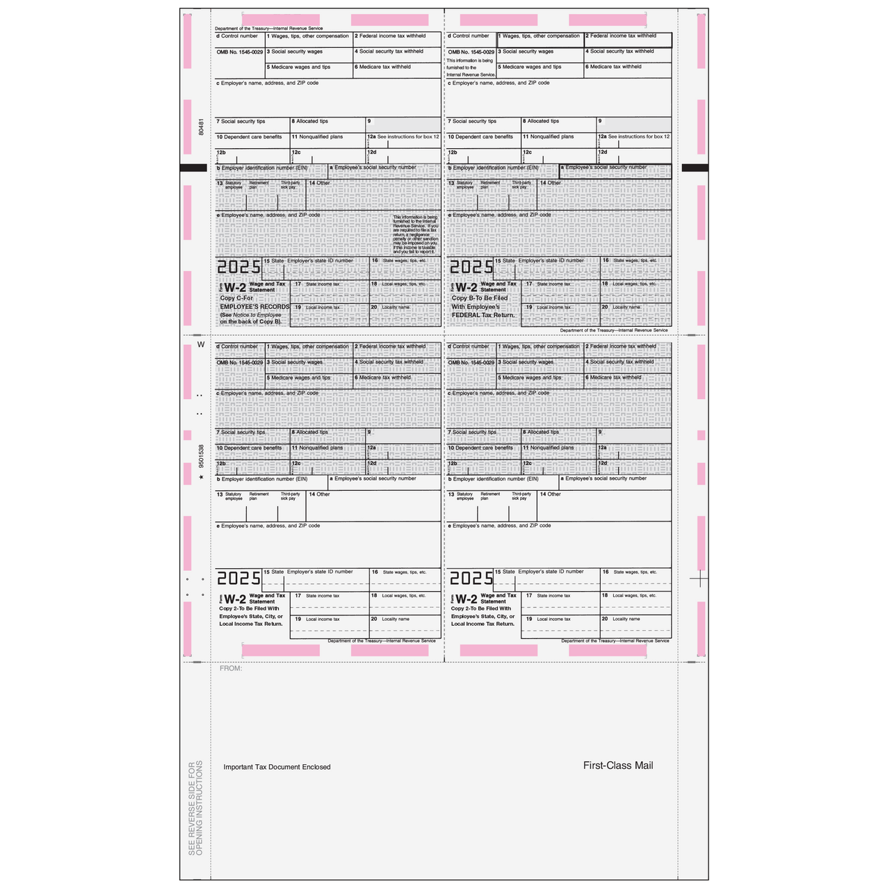 80481 - Pressure Seal EZ-Fold Preprinted W-2 Form 4up Quadrant