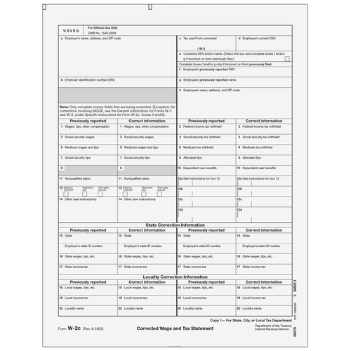 80076 - Form W-2C  Corrected Employer State, City, Local, or Record, Copy 1