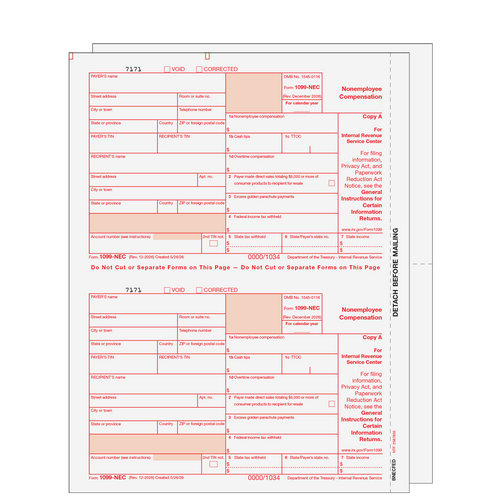NECSET305 - 1099-NEC Non-Employee Compensation - 3-part Set (Blank Copies)