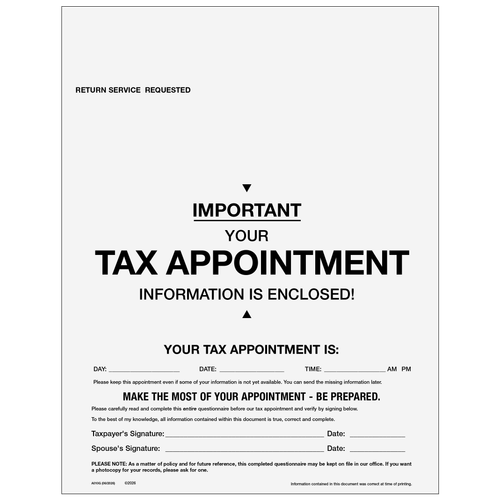A010G - 1040 Appointment Organizer with Prescheduled Appointment (Folded)