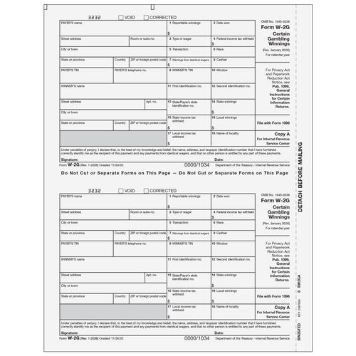 BW2GFED05 - Form W-2G Certain Gambling Winnings, Federal IRS Copy A