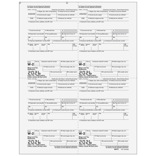 80072 - Form W-2 4up Quadrant Employer Copy 1/D