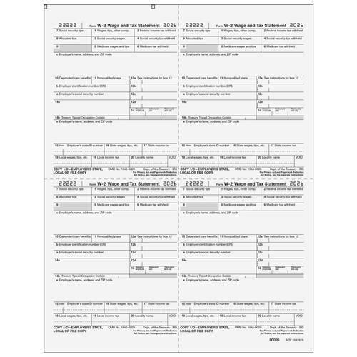 80026 - Form W-2 - Employer State/Local/File Copies 1/D - 4up Quadrants