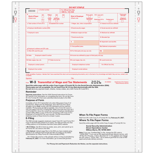 W3052 - Form W-3 Transmittal Employers Federal 2-part (Carbonless)