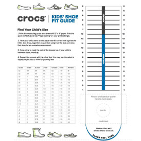 Crocs kids shoe fit guide showing foot measurement and size chart.