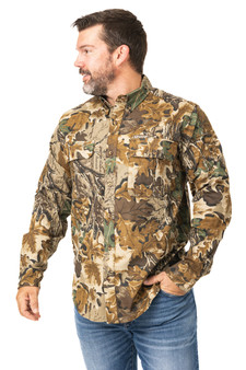 Angled front view of Men’s Button Down Long Sleeve Hunting Camp Shirt in Realtree Advantage Classic camouflage