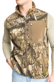 Close-up of men’s Realtree APX fleece vest showing front zipper, chest pocket with zipper, and camo pattern.