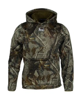 Men’s Realtree Hardwoods camo soft shell hoodie with hood and front pocket.