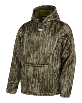 Angled view of the Banded men’s Fanatech soft shell camo hoodie showing the hood, stretch fabric, and relaxed hunting fit.