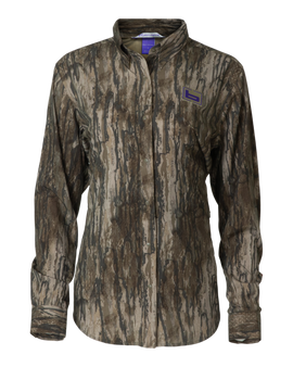 Front view of the Banded Women’s Badlander Lightweight Camo Shirt in Realtree Legacy with button-front closure and purple Banded logo on the chest.