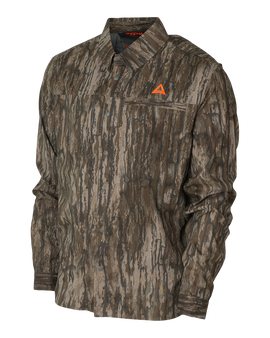 Angled front view of the Thacha Men’s Lightweight Button-Up Hunting Shirt in Realtree Legacy camo, showing the chest pocket detail and overall lightweight construction.
