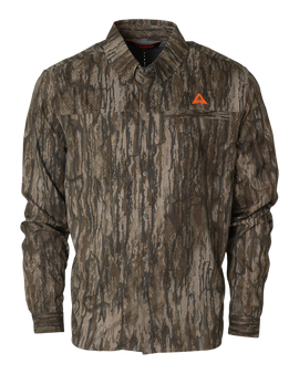 Front view of the Thacha Men’s Lightweight Button-Up Hunting Shirt in Realtree Legacy camo, featuring a snap-button closure and an orange logo on the chest main.