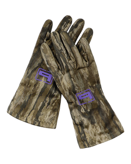 Women’s tech-stretch camo gloves in Realtree Legacy pattern, displayed crossed to show fit, long cuffs, and purple logo branding.