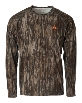 Front view of the Thacha Men’s Lightweight Long Sleeve Hunting Shirt in Realtree Legacy camo, featuring a crew neck design and an orange Thacha logo on the chest.
