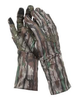 Pair of Banded Early Season Gloves in Realtree Original camo, showing extended cuff design and lightweight construction for warm-weather hunting main.
