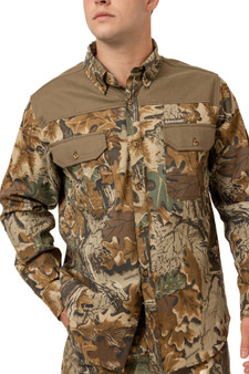 Close-up of the chest and shoulder details on the Men's Milk River Camo Shirt main.