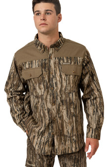 Men's Milk River Button Down Camo Shirt in Realtree Legacy shown from the front, featuring dual chest pockets and contrast shoulder panel main.