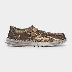 Men’s Frogg Toggs Java 2.0 lace-up shoe in Realtree grass camouflage, shown from the side with textured light-colored outsole and moc-toe stitching main