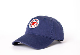 Navy Ole Miss Rebels dad hat shown at a front angled view, featuring a circular embroidered Ole Miss Rebels patch on the front and a curved brim main.