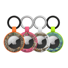 Four-pack of OtterBox Rugged AirTag holders wrapped in Realtree EDGE camouflage with realistic woodland leaf and tree bark detail main