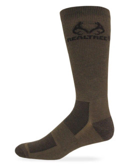 Men's Ultra-Dri® casual brown crew sock with moisture-wicking fabric, reinforced heel and toe padding, and a Realtree antler logo across the cuff main.