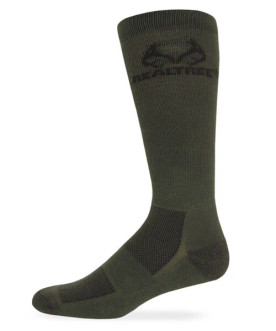 Men's Ultra-Dri® casual green crew sock featuring breathable mesh zones, reinforced heel and toe, and a Realtree antler logo across the cuff main.