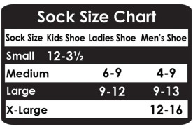 Sock size chart showing kids’, ladies’, and men’s shoe size conversions for small, medium, large, and extra-large socks.