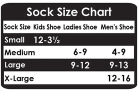 Sock size chart showing kids’, ladies’, and men’s shoe size conversions for small, medium, large, and extra-large socks.