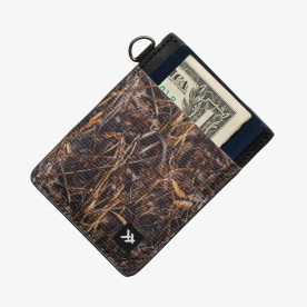 Thread Realtree MAX-7 camo vertical wallet showing card storage with cash and cards partially visible.