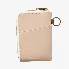 Back view of Thread camo zipper wallet with tan leather exterior, card slot, and attached key ring.