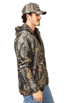 Side profile of men’s Realtree Hardwoods high pile camo jacket showing hood and insulated fit.