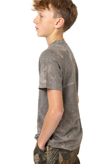 Side profile of kids short sleeve camo tee with crew neckline.