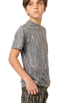 Side angle of kids Realtree Original camo tee with soft tri-blend fabric.